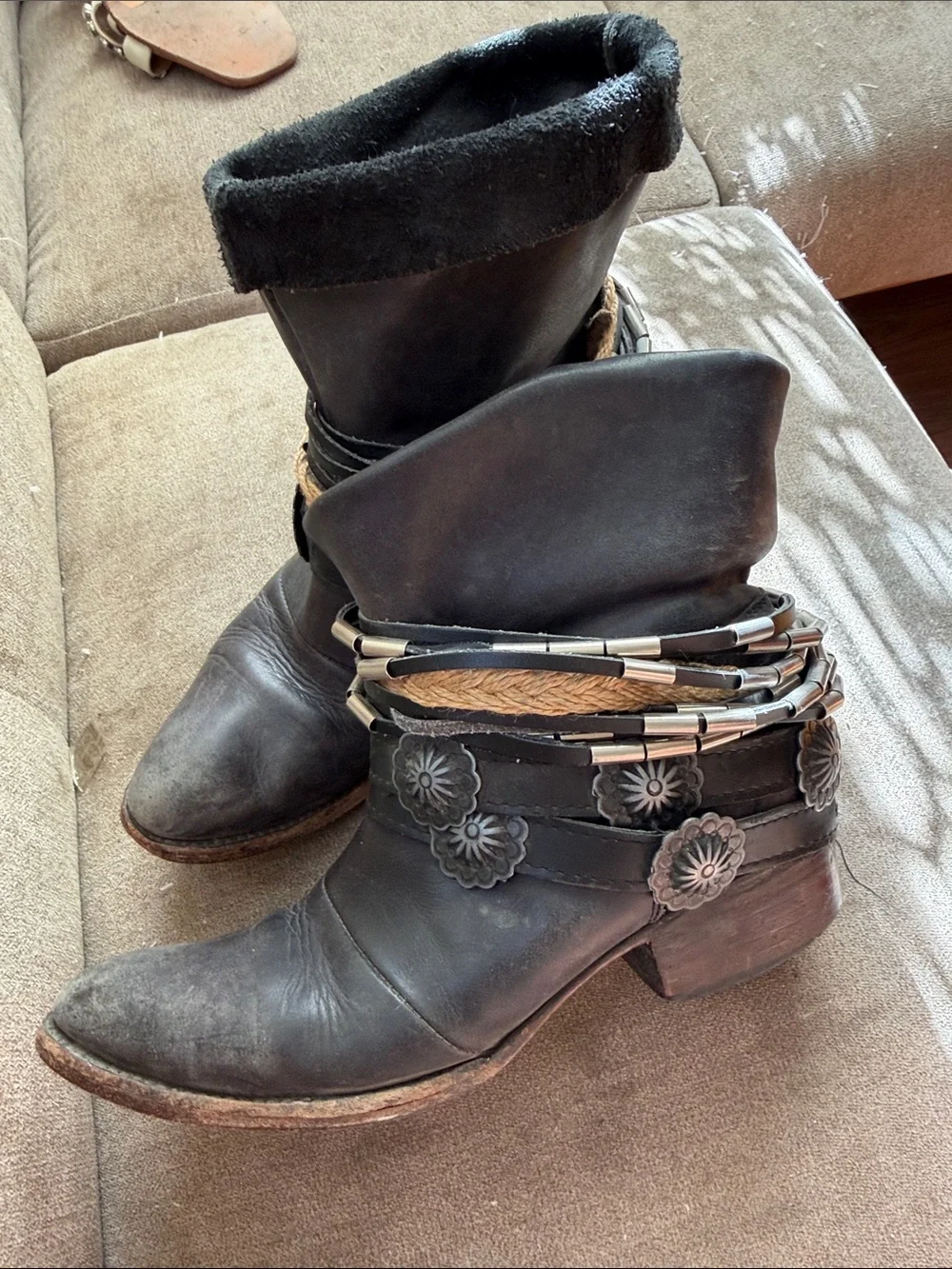 Yerba Embellished Ankle Boot with concho belt & Rope Accents distressed western